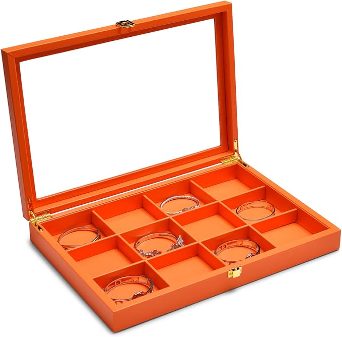 Oirlv Premium Leather Jewelry Organizer Tray with Acrylic Lid Bracelet Bangle Necklace Display Case Drawer Insert 12 Gird Jewelry Case