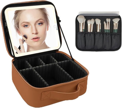 Travel Makeup Bag for Women and Makeup Artists Cosmetic Organizer Large Makeup Case,Travel Makeup Bag with Mirror 3 Color Setting,Portable Storage and Adjustable Dividers(CARAMEL COLOR)
