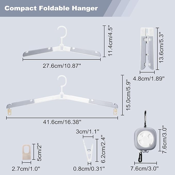 6 Pack Foldable Travel Hangers with Clips & Adjustable Clothesline, Portable Collapsible Hangers with Storage Bag for Suitcase, Hotel, RV, Cruise Essentials Set (Grey)
