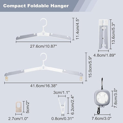 6 Pack Foldable Travel Hangers with Clips & Adjustable Clothesline, Portable Collapsible Hangers with Storage Bag for Suitcase, Hotel, RV, Cruise Essentials Set (Grey)