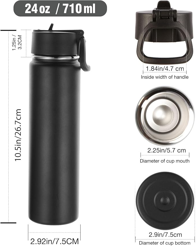 Volhoply 24oz Insulated Water Bottle With Straw Bulk 3 Pack,Metal Wide Mouth Water Bottles With Handle Lid Keep Cold,Reusable Double Wall Cups,Powder Coated Sport Bottle For Holder(Black,3 Count)