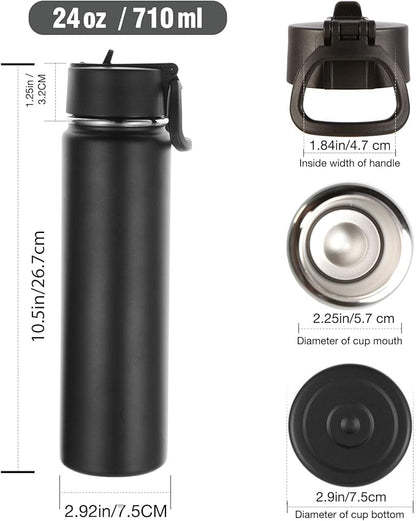 Volhoply 24oz Insulated Water Bottle With Straw Bulk 3 Pack,Metal Wide Mouth Water Bottles With Handle Lid Keep Cold,Reusable Double Wall Cups,Powder Coated Sport Bottle For Holder(Black,3 Count)