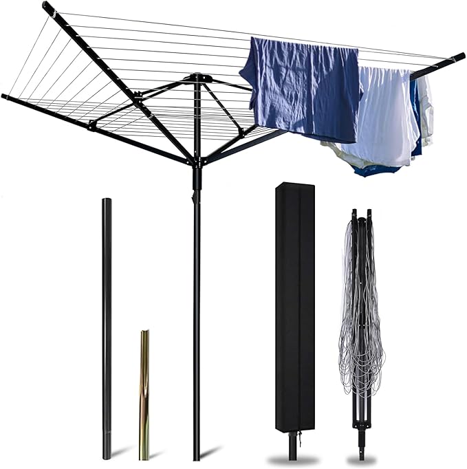 A-xctoe Rotary Outdoor Umbrella Drying Rack Adjustable Height Clothesline w/Waterproof Protective Cover Folding Rotary Dryer with 4-Aluminum Arms and Steel Post | 12-Lines with 165 ft Clothesline