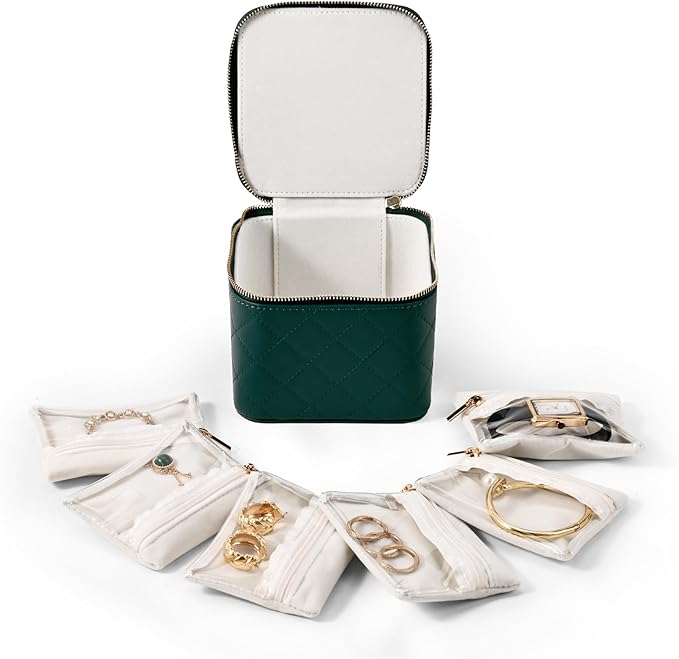 Travel Jewelry Box Organizer - Small Jewelry Case with 6 Small Velvet Zipped Pouches Pockets for Jewelry Necklaces Rings Earrings Storage(Teal)