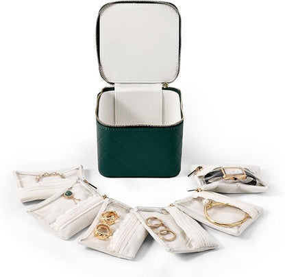 Travel Jewelry Box Organizer - Small Jewelry Case with 6 Small Velvet Zipped Pouches Pockets for Jewelry Necklaces Rings Earrings Storage(Teal)