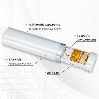 Betife Travel Pill Organizer Weekly 7 Day, Compact Daily Pill Box, Portable Medicine Case, Cute Pill Holder for Vitamins Supplements, Drawer-Shaped Pills Organizer (Pearl White)