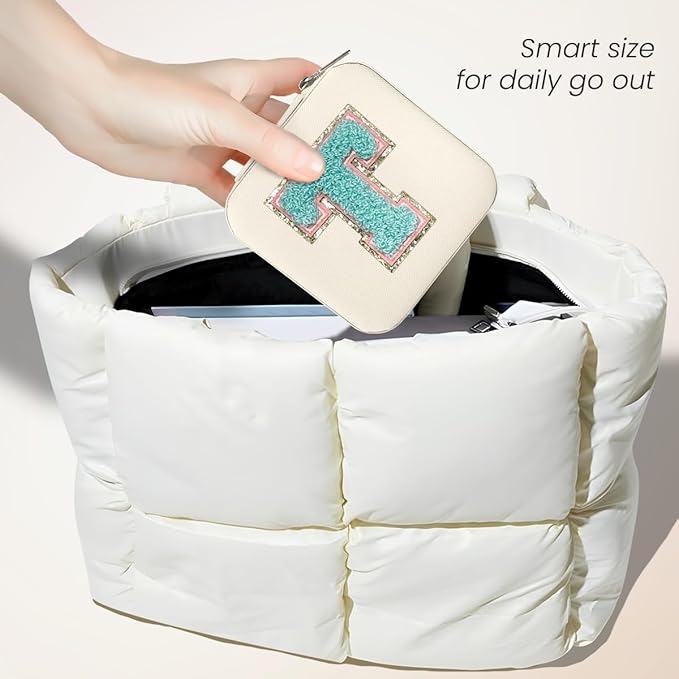 SANDJEST Personalized Jewelry Box, White Travel Jewelry Box with Initial T, Small Monogrammed Jewelry Case Organizer for Girls Women Teen Kids, Mini Travel Essentials Gifts for Birthday Christmas