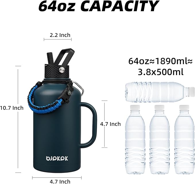 BJPKPK Half Gallon Insulated Water Bottles with Straw Lid & Side Handle, 50oz, 64oz, 87oz, 128oz Large, Stainless Steel Water Bottles with 3 Lids and Paracord Strap, Metal Water Jug,Navy Blue