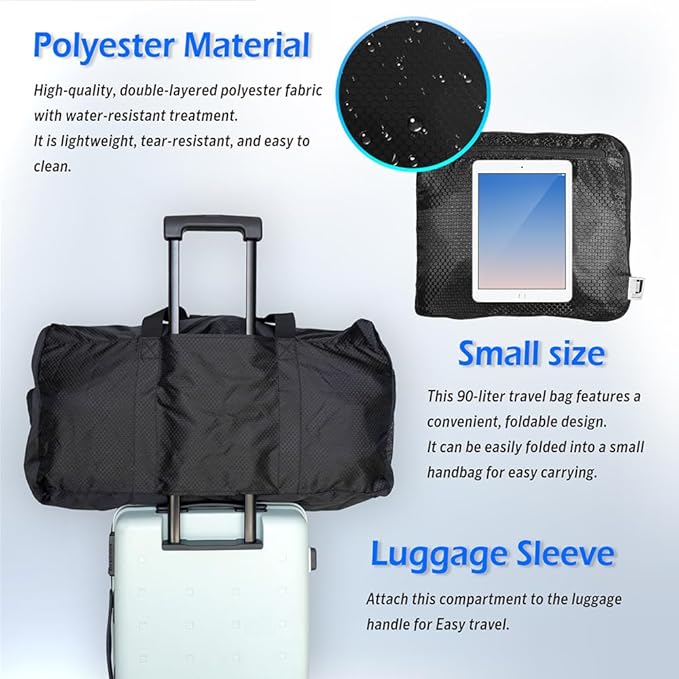 90L Foldable Duffle Bag, Shoe Storage Bag Design, Multiple Pockets, Large Storage Capacity,Duffle Bags For Travel (Black)