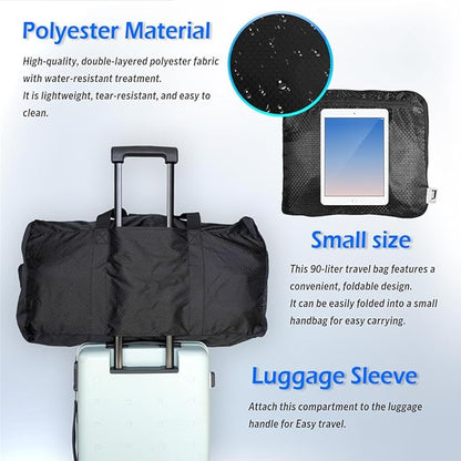 90L Foldable Duffle Bag, Shoe Storage Bag Design, Multiple Pockets, Large Storage Capacity,Duffle Bags For Travel (Black)