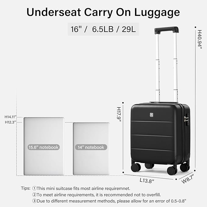 Hanke 16 Inch Underseat Carry On Luggage with Wheels Hard Shell Mini Small Suitcases Carry On Bag for Airline Approved TSA Luggage Lightweight Travel Suitcase(Black)