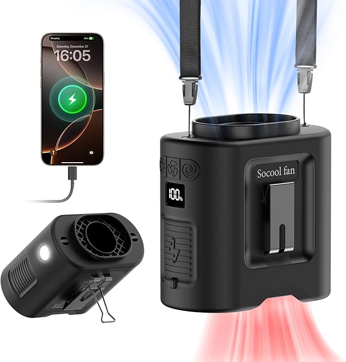 Socool 14500mAh Portable Waist Fan Clip on Belt 360 Rotation Wearable Rechargeable Personal Shirt Fan, 67H Cooling 5-Speed Battery Operated Fans with Light, Neck Fan Hanging for Outdoor Camping Travel