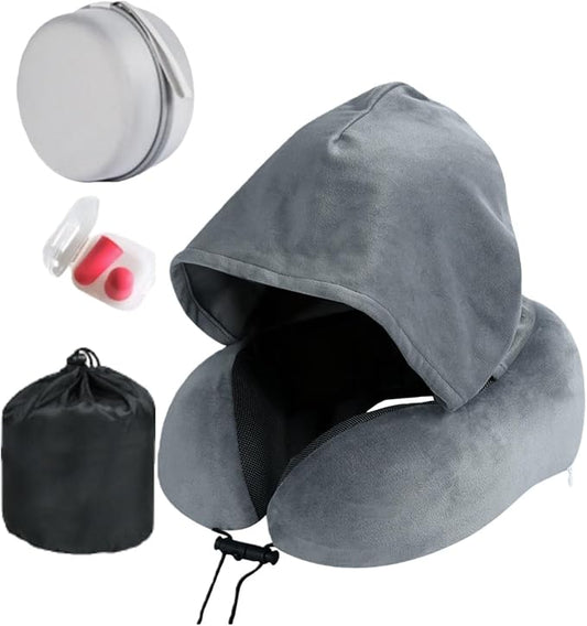 Travel Pillow with Extra Large Hood Rollable Airplant Hooded Neck Pillow with Memory Foam Filling and Removable, Skin-Friendly Cover with a Carrying Pouch