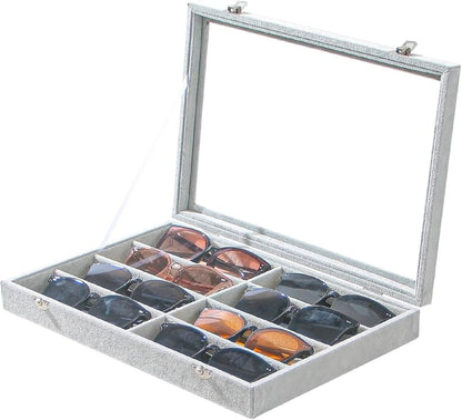 Coward Sunglass Organizer Tray Box, Grey Beige Velvet Eyeglasses Display Tray Case with Transparent Glass Lid for Home Use or Store Shop Selling Show