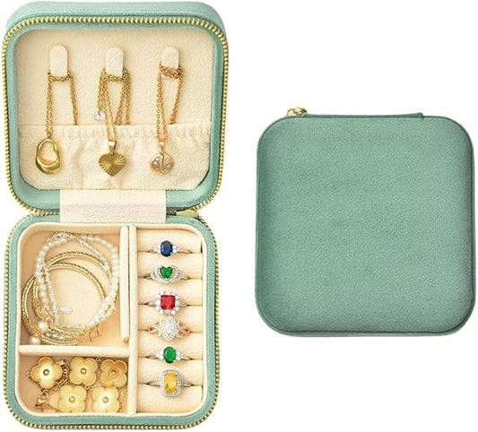 TAIMY Travel Jewelry Case, Small Plush Velvet Jewelry Box for Women and Girls, Portable Jewelry holder organizer for Rings Earrings Necklaces Bracelets(Mint)