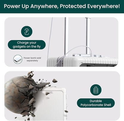 Nobl Travel Carry On Luggage, Noble Zipperless Aluminum Frame PC Hard Shell Suitcase, 22.5x15x9.5 Airline Approved, 360° Spinner Wheels, TSA Locks, USB Charging Port, Cup & Phone Holder - Ivory