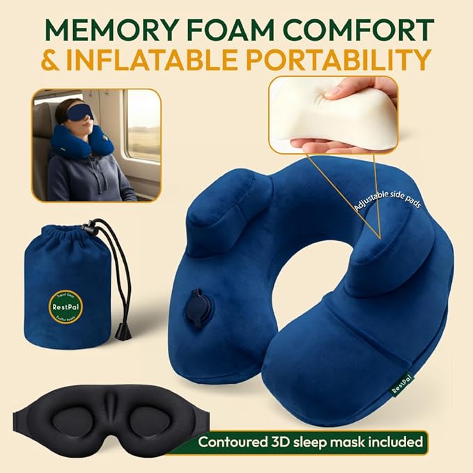 Adjustable Memory Foam Sides Inflatable Travel Neck Pillow | Super Soft, Compact & Portable Neck Support Pillow (Navy Blue, Standard)