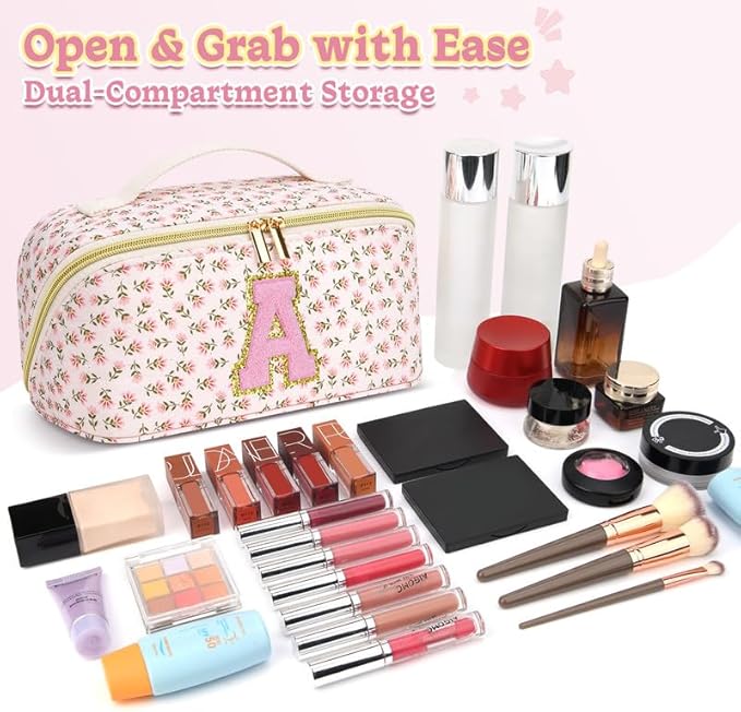 Personalized Travel Makeup Bag Set,Initial Travel Cute Floral Makeup Organizer Bag,Toiletry Skincare Cosmetic Bag,Christmas Gifts for Women/Girls,Open Flat Toiletry Pouch with Brush Pocket-J