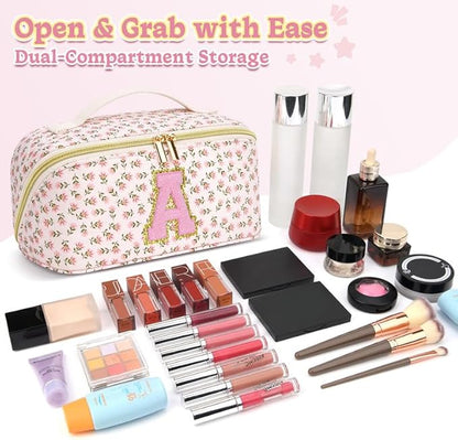 Personalized Travel Makeup Bag Set,Initial Travel Cute Floral Makeup Organizer Bag,Toiletry Skincare Cosmetic Bag,Christmas Gifts for Women/Girls,Open Flat Toiletry Pouch with Brush Pocket-O