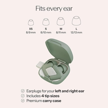 Alpine Silence Earplugs for Sleep, Focus & Travel - V-Shape Snug Fit & Soft Oval Tips – 4 Sizes XS/S/M/L - Comfortable, Reusable Hearing Protection - up to 25dB – Green