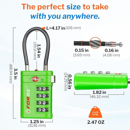 Forge TSA Approved Luggage Locks 4 Digit Combination TSA Travel Locks with TSA008, Open Alert Indicator, Zinc Alloy Body for Luggage, Suitcase, Backpack, and More. Green 4 Locks.