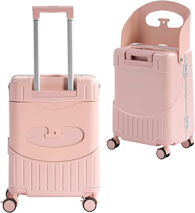 20'' Luggage with Child Seat, Ride On Suitcase with Shockproof Silent Spinner Wheels, TSA Lock, Carry On Luggage with Foldable Backrest, Bag Hook for Kids.