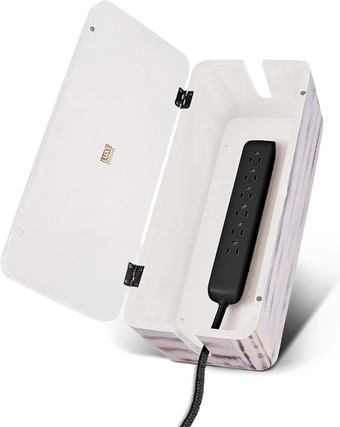 Rustic Cable Management Box & Cord Organizer- Cable Organizer for Desk, Home, Office. Hides Wires, Surge Protectors, Power Strips. Eco Friendly Mango Wood Cord Management Solution (Rustic White)