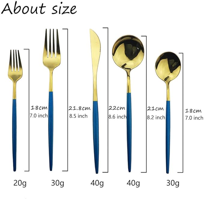 JASHII Blue Gold Silverware Set, 20-Piece Stainless Steel Satin Finish Flatware, Kitchen Utensils, Mirror Polished Tableware Cutlery for Home and Restaurant, Dishwasher Safe