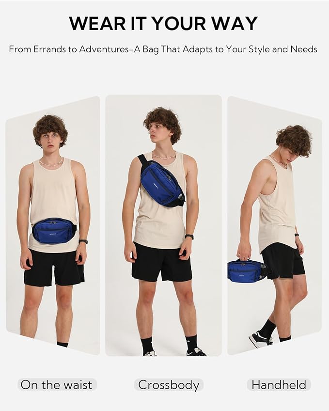WATERFLY Fanny Pack Waist Bag: 2.3L Large RFID Blocking Crossbody Bags for Women Men, Breathable Casual Anti-Theft Hip Pouch for Traveling Walking Hiking-Navy Blue