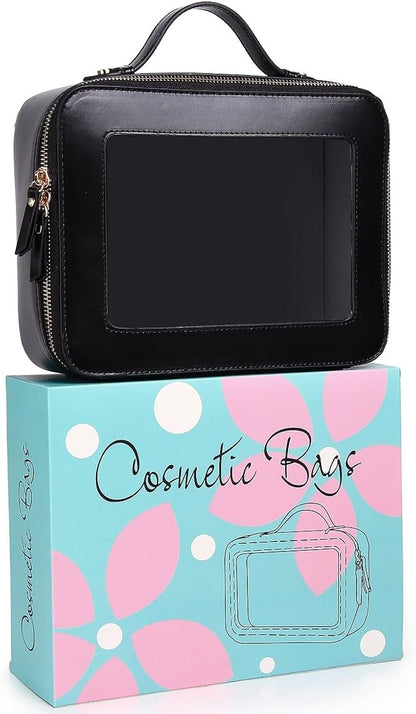 Pinkmik Clear Makeup Bag for Women Waterproof Travel Cosmetics and Toiletries Case Portable Makeup Oaganizer Bag Clear Car Bag with Zipper (Black, M+L-1)