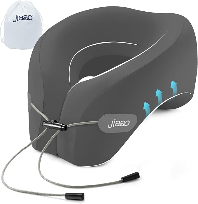 jiaao Upgraded Middle Memory Foam Travel Neck Pillow for Airplane- 360° Ergonomic Head and Neck Support for Flight, Car, Train, Bus - Soft Travel Pillow for Side & Back Sleepers with Travel Pouch