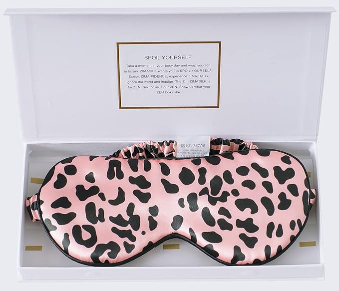 ZIMASILK Adjustable 100% 22 Momme Mulberry Silk Sleep Mask for Sleeping, Filled with Premium Mulberry Silk, Softest & Breathable Eye Sleeping Mask (Leopard - Black Pink)