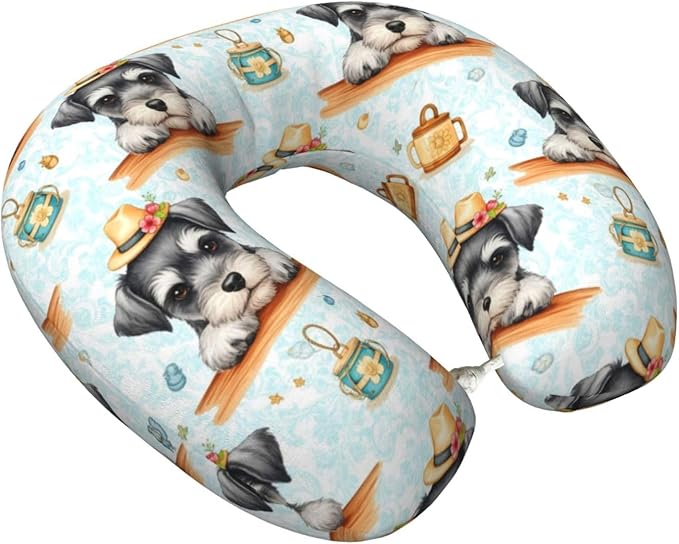 Travel Pillow Chin Neck Support, Comfortable Airplane Car Pillows for Rest, Memory Foam U Shaped Office Home Nap Sleeping Cushion Schnauzer Cute Dog