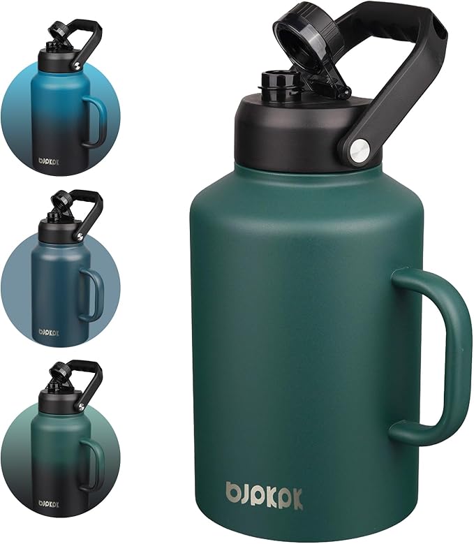 BJPKPK 1 Gallon Water Bottle with Handle, Large Dishwasher Safe 128oz Insulated Water Bottle, BPA Free Water Jug, Wide Mouth Metal Flasks with Anti-slip Bottom, Keep Cold & Hot,Army Green