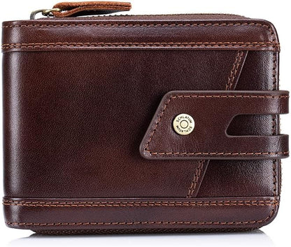 Genuine Leather Men's Wallet with Zipper Vintage RFID Blocking Large Capacity Wallet for Men with 11 Credit Card Slots and 1 ID Window (Coffee)