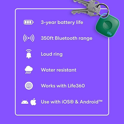 Tile by Life360 Mate - Bluetooth Tracker, Keys Finder and Item Locator for Keys, Bags and More. Phone Finder. Both iOS and Android Compatible. 1-Pack (Green Surf)