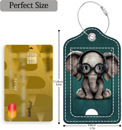 Funny PU Leather Luggage Tags 2-Pack with Headphones Cute Little Elephant Cute Pattern Suitable for Suitcase Stainless Steel Loop and Address Card Essential for Cruise and Airport Travel