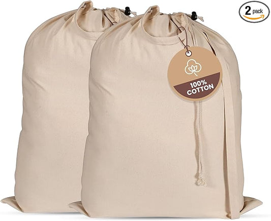 LFH Home Large Premium 100% Cotton Canvas Laundry Bag with Drawstring and Handles Heavy Duty, Multi-Use, and Washable for Home, Travel, College or Storage 24x36 (Pack of 2)-Natural