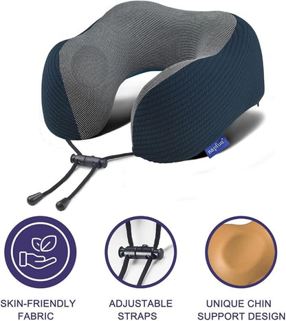 napfun Neck Pillow for Traveling, Upgraded Travel Neck Pillow for Airplane 100% Pure Memory Foam Travel Pillow for Flight Headrest Sleep, Portable Plane Accessories, Luxury Sets (Optional), Deep Blue