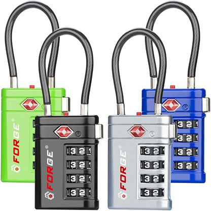 Forge TSA Approved Luggage Locks 4 Digit Combination TSA Travel Locks with TSA008, Open Alert Indicator, Zinc Alloy Body for Luggage, Suitcase, Backpack, and More. 4 Color 4 Locks.