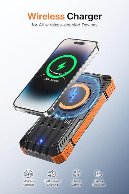 Solar Power Bank 49800mAh Wireless Portable Charger with USB-C 15W Fast Charging with 4 Built-in Cables LED Flashlight Battery Pack Compatible with iPhone, iPad, Smartphone,Perfect for Camping, Hiking