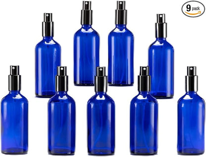 YIZHAO Blue Glass Spray Bottles 4oz, with Small Fine Mist Spray, Metal Cap, Refillable for Essential Oil,Travel,Cleaning,Perfume,Aromatherapy,Makeup – 9 Pcs