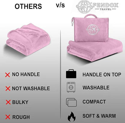 2-in-1 Travel Blanket and Pillow – Lightweight, Compact, Ultra Soft, Machine Washable – Handle, Luggage Sleeve, Backpack Clip – for Trave Airplane, Car, Office (Light Pink)