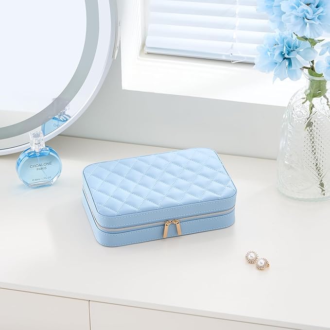 Lolalet Travel Jewelry Case for Women Girls, Travel Jewelry Organizer Box with Mirror & Clear Storage Bag, Small Portable Earring Necklace Bracelet Ring Case, Birthday Christmas Gifts -Medium, Blue