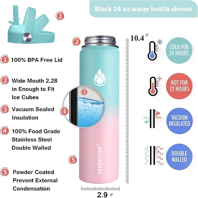 SENDESTAR Stainless Steel Wide Mouth Water Bottle 24oz Double Wall Vacuum Insulated Leak Proof Bottle with New Flex Straw Lid & Spout Lid