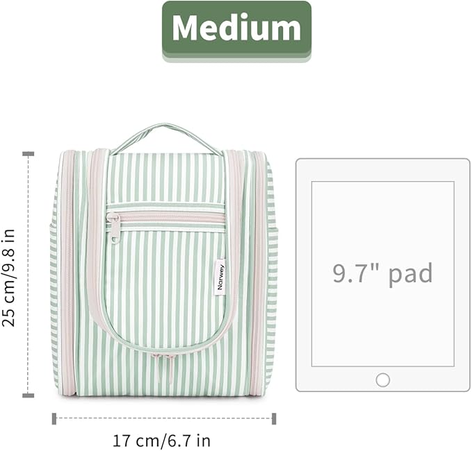 Narwey Small Striped Hanging Travel Toiletry Bag for Women, Travel Bag for Toiletries, Makeup Bag Organizer Cosmetic Bags Make Up Bags for Women (Mint Green Stripe)