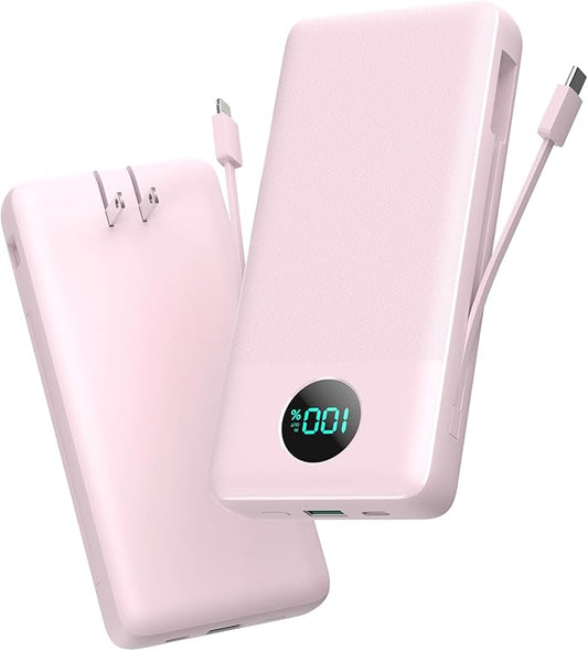 Portable Charger 33800mAh USB C Power Bank with Built-in Cables & AC Wall Plug,25W Fast Charging+QC 4.0 Phone Charger,4 Output Travel Essentials Battery Pack for iPhone16/15/14/13,Samsung,Android etc