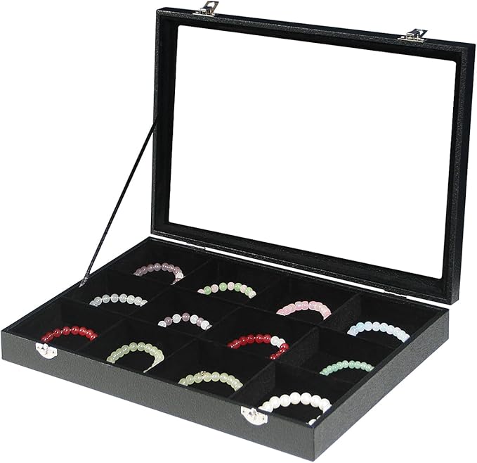 Coward Jewelry Organizer Box, Black Velvet 12 Grids Bracelet Bangle Necklace Jewelry Display Tray Case with Transparent Glass Lid for Home Drawer Desk or Store Selling Show