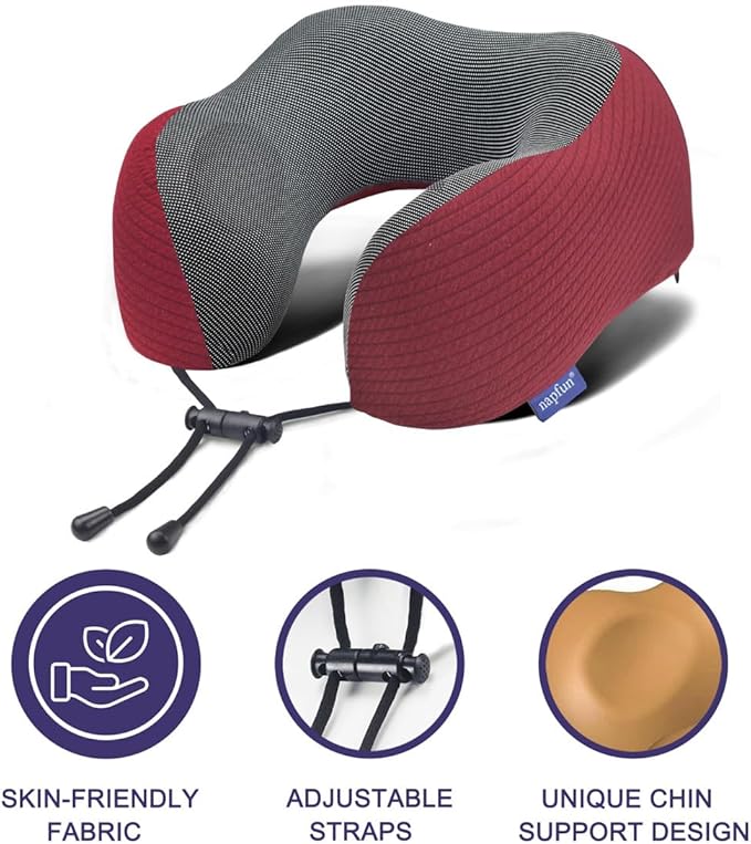 napfun Neck Pillow for Traveling, Upgraded Travel Neck Pillow for Airplane 100% Pure Memory Foam Travel Pillow for Flight Headrest Sleep, Portable Plane Accessories, Luxury Sets (Optional), Wine-Red