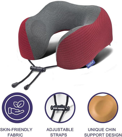 napfun Neck Pillow for Traveling, Upgraded Travel Neck Pillow for Airplane 100% Pure Memory Foam Travel Pillow for Flight Headrest Sleep, Portable Plane Accessories, Luxury Sets (Optional), Wine-Red